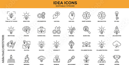 Creative idea icons set for innovation, problem solving, business strategy, teamwork, collaboration, original thinking, creative solution concepts, editable stroke design