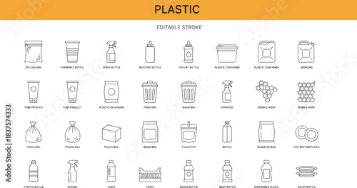 Comprehensive plastic packaging line icons collection including bottles, containers, bags, wraps, bins, reusable items, manufacturing symbols, editable stroke design set