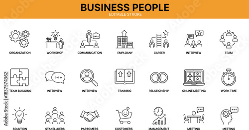 Business people icons set, teamwork communication organization leadership training interview management collaboration career development corporate meeting vector illustration, editable stroke