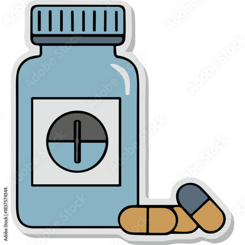 Light Blue Pill Bottle with White Label and Two Pills in front on a White Background Minimalist Medical Illustration