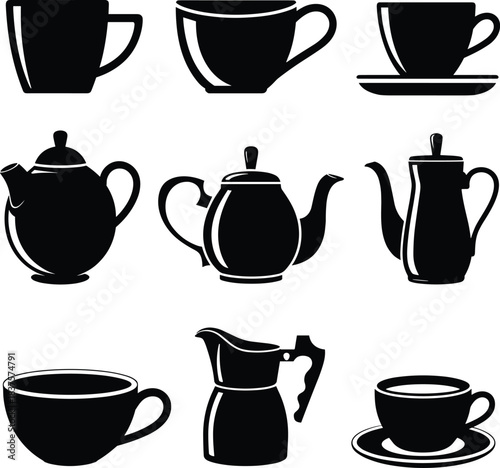 Diverse Coffee and Tea Utensils Silhouette Icon Collection, Cups, Saucers, Teapots, and Moka Pot Vector Illustrations, Black and White Cafe Kitchen Symbols Set