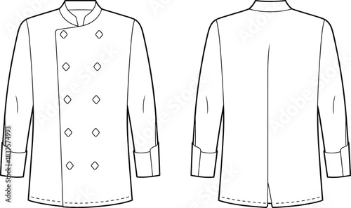 Cad drawing flat vector illustration, chef coat technical sketch, kitchen uniform design, double breasted jacket template, professional workwear pattern