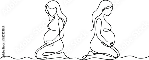 Minimalist Continuous Line Drawing of Two Expectant Mothers Kneeling, Pregnancy and Motherhood Symbol, Single Line Art Vector Graphic Illustration, Fertility Concept