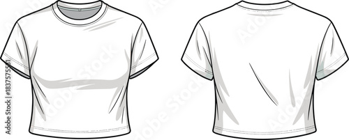 Cad drawing flat vector illustration, women’s crew neck crop t-shirt with double stitch sleeve, front and back fashion sketch design