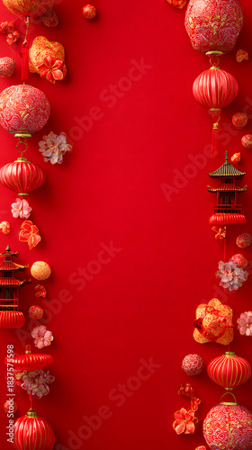 Festive Chinese New Year Decorative Background, featuring a bright red backdrop adorned with traditional Chinese aesthetics ornaments.