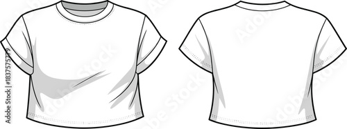 Cad drawing flat vector illustration, women's rolled sleeve crop t-shirt design, front and back view, fashion flat sketch template