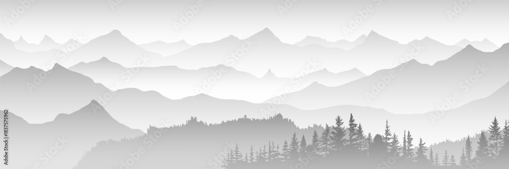 Fototapeta premium Vector minimalistic illustration of mountains, black and white landscape, ridge gradients in the morning haze, panoramic view