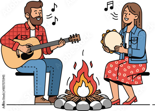 Campfire, music, guitar, tambourine, singing, outdoor, camping, friends, flames, relaxation, acoustic, performance, nature, night, fun, gathering, melody, instruments, social, vibe