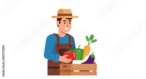 Happy farmer with fresh harvest of vegetables in wooden crate, showcasing organic farm produce and sustainable agriculture, perfect for healthy lifestyle promotion