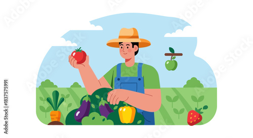 Harvest time joy Man caring for his garden Vegetables and fruits grown with love, perfect for sustainable living lifestyle and healthy eating concepts
