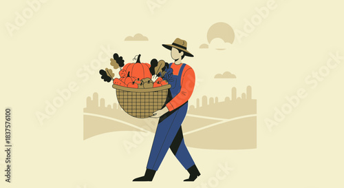 Harvest time bounty featuring a farmer carrying a basket brimming with fresh, seasonal produce and vegetables, perfect for organic marketing and farming lifestyle