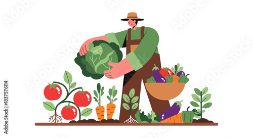 Proud farmer harvests fresh vegetables from garden, tomatoes and eggplants filling bowl, healthy eating and homegrown goodness from farm to table lifestyle