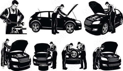 Car mechanic repairing engine, automotive service illustration, vehicle maintenance concept, black and white silhouette, garage, workshop repair work