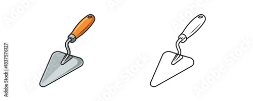 Cartoon-style vector illustration of a masonry construction trowel with an orange wooden handle and a metal blade isolated on white