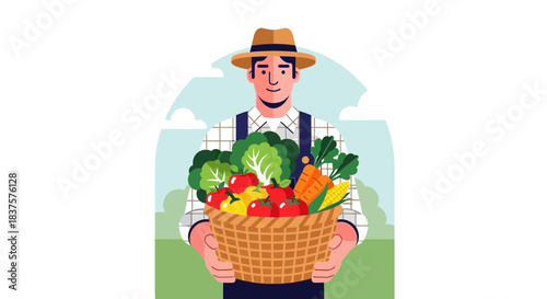 Proud farmer with fresh harvest, vibrant vegetables and fruits in wicker basket, promoting healthy eating and sustainable agriculture, originally a vector graphic