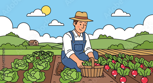 Proud farmer harvests fresh produce on sunny day, embodying sustainable agriculture and healthy eating for a vibrant, wholesome lifestyle