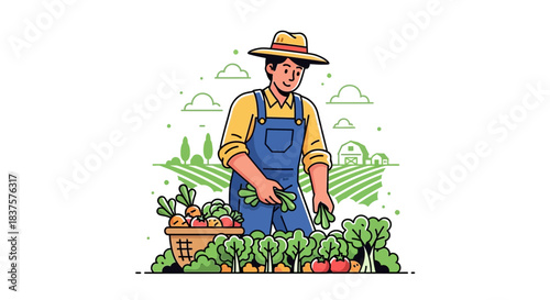 Happy farmer gathering fresh vegetables in his garden, harvesting crops with love and care for a sustainable, healthy lifestyle on a peaceful countryside farm