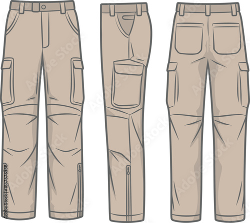 Cargo pants CAD drawing, flat vector fashion illustration with flap pockets, belt loops, beige color scheme, front side back views