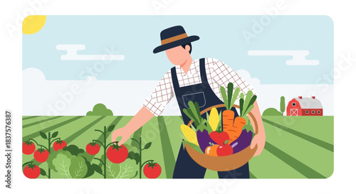 Farmer harvesting ripe tomatoes in sunny field with basket overflowing with fresh vegetables for farm-to-table market, promoting healthy organic lifestyle