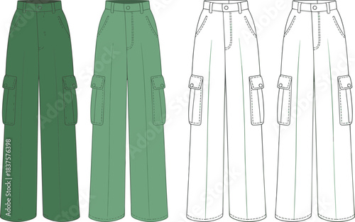 Cargo pants CAD drawing, flat vector fashion illustration with flap pockets, green gradient fill, front back side outlined views