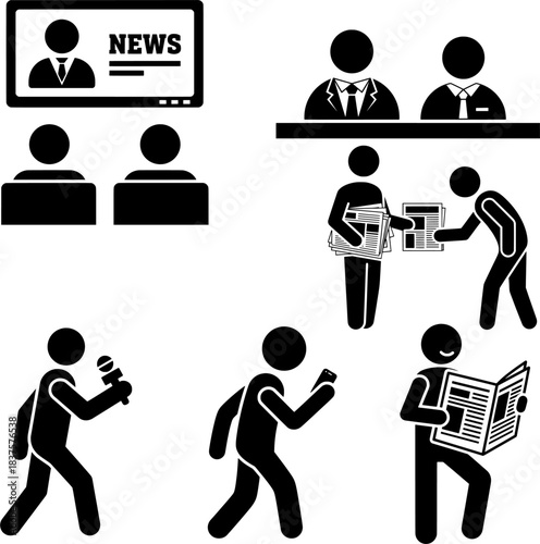 News, Media, and Journalism Stick Figure Icon Set