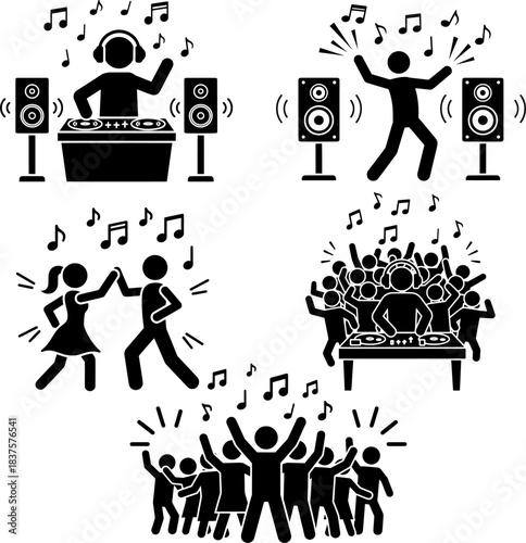 DJ, Party, and Nightlife Dancing Stick Figure Icon Set