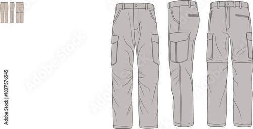 Cargo pants CAD drawing, flat vector fashion illustration with side flap pockets, back zip pocket, belt loops, multi-view layout