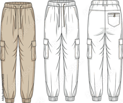 Cargo pants vector template with drawstring waistband, flap pockets, elastic cuffs, and back button pocket—front and back technical views