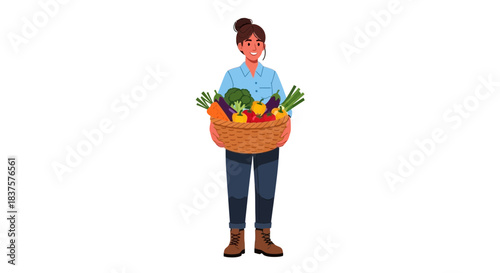 Smiling woman proudly holding a basket brimming with fresh, colorful vegetables from her garden, a vibrant harvest of healthy eating and sustainable living