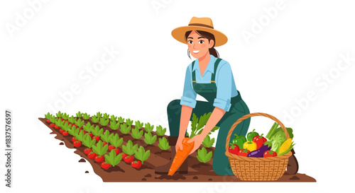 Smiling farmer harvesting fresh carrots and vegetables in a thriving garden, showcasing sustainable agriculture and healthy eating for a vibrant lifestyle