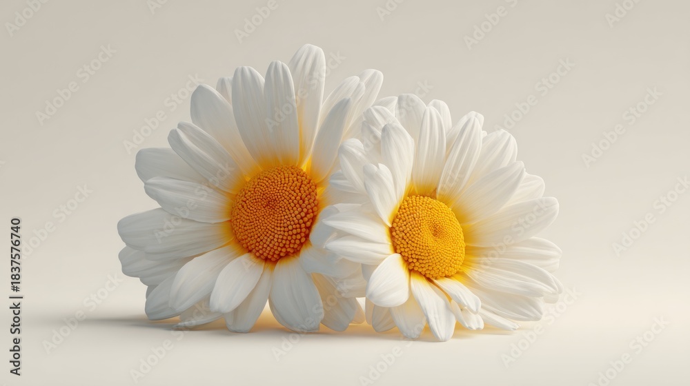 Obraz premium Two daisies with white petals & bright yellow centers against a light beige background
