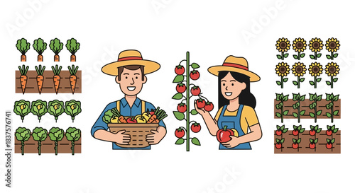 Enthusiastic farmers harvesting fresh vegetables and sunflowers, a bountiful harvest from the garden, promoting healthy eating and farm-to-table lifestyle