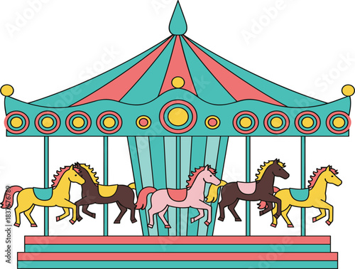 Carousel ride, amusement park, merry go round, fairground attraction, carnival fun, children entertainment, horse ride, festival game, vintage, playground