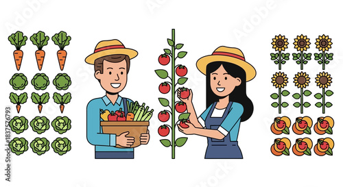 Cheerful farmers harvest fresh produce at their vibrant farm, showcasing a bounty of ripe tomatoes, sunflowers, carrots, and cabbages in a colorful display