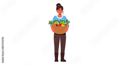 Fresh Produce Harvest: Cheerful Woman with Basket Overflowing with Vegetables, A Vibrant Symbol of Healthy Eating and Farm-to-Table Goodness, Originally Scalable