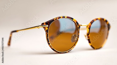 Round-framed eyewear rests on a plain surface. The frames boast tortoise-shell patterns, complemented by gold-toned temples and tinted lenses