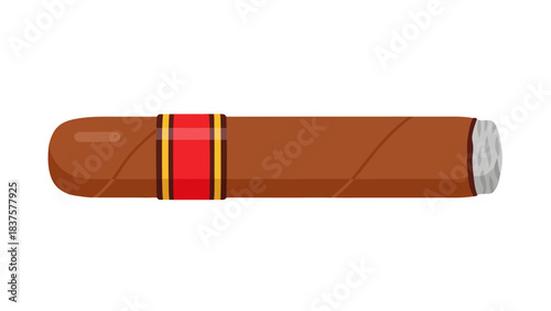 A Detailed Flat Illustration of a Rolled Tobacco Cigar with a Red and Yellow Band on a Black Background