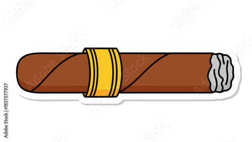 A Detailed Illustration of a Brown Cigar with a Gold Band and White Ash on a White Background with a Black Outline and Shadow Effect Perfect for Visual Projects