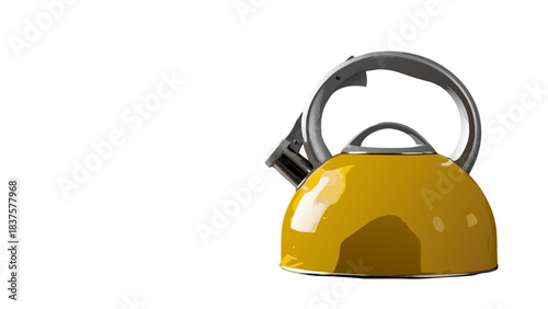 A Detailed Studio Shot of a Yellow Whisk Tea Kettle with a Silver Handle Isolated on a Stark Black Background with Dramatic Lighting
