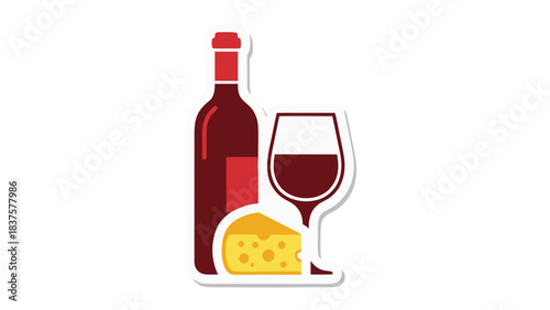 A Flat Design Illustration of a Red Wine Bottle A Glass Filled With Red Wine And A Wedge of Swiss Cheese On A Black Background