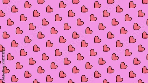 Repeating pattern featuring cartoon pink hearts with black outlines. Perfect for Valentine's Day cards, wedding invitations, and social media posts.