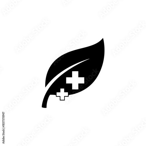 Herbal medicine leaf with two medical crosses icon symbolizing natural health and wellness