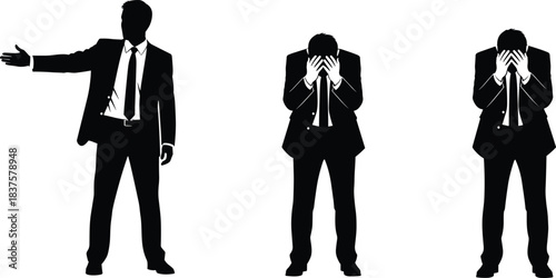 Businessman Silhouette Set Showing Authority and Stress, Manager Pointing, Disappointment and Failure Pose, Corporate Vector Graphics, Leadership and B