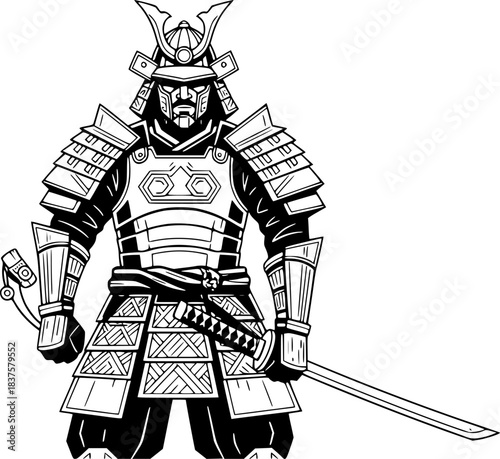 Monochrome illustration of a warrior in traditional armor with b

