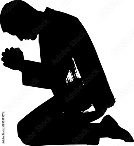 Silhouette of a man kneeling in reverence, sumi-e brush stroke s
