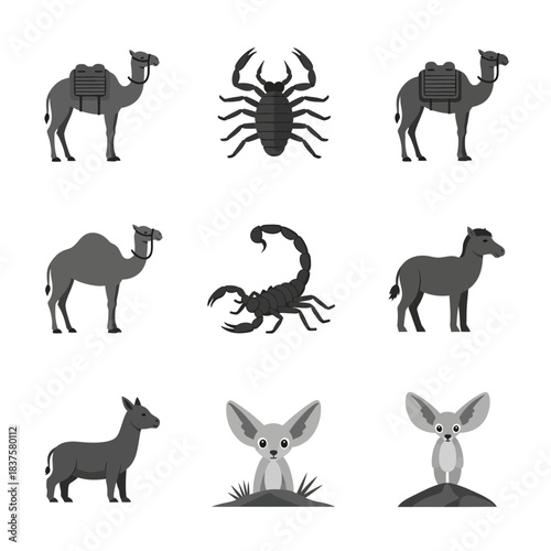 Explore desert creatures: Camels journeying, scorpions lurking, and fennec foxes peeking, perfect for educational materials and creative design projects featuring wildlife