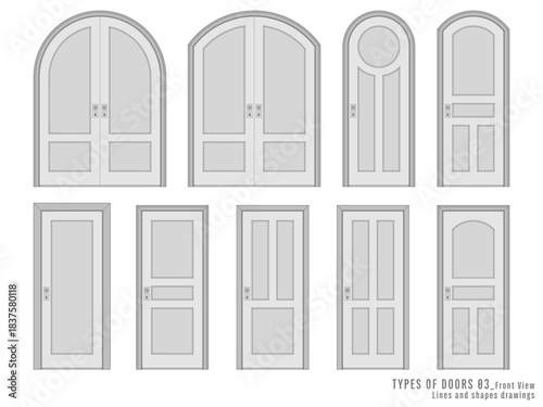 Type of doors. Technical CAD Front drawings, set of doors in front view, for projects views, editable vector