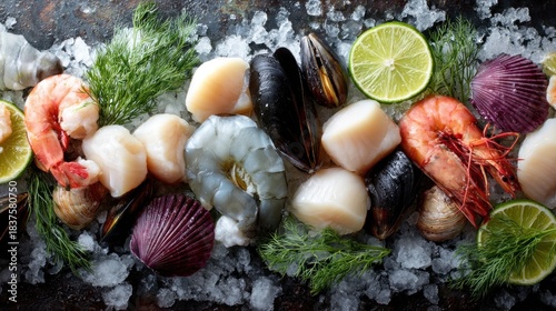 A close-up of fresh seafood, including shrimp, scallops, mussels, and lime slices, presented on crushed ice with sprigs of dill