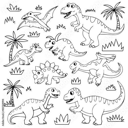 Dinosaur coloring page for kids featuring t rex triceratops pterodactyl and other prehistoric animals