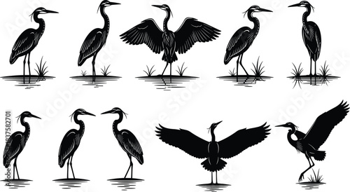 Heron and Egret Black Silhouette Vector Icons Set, Detailed Collection of Wading Bird Illustrations in Different Poses, Wildlife Designs for Wetlands, Nature, and Fishing Concepts